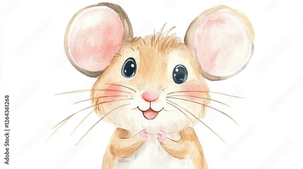 Φωτογραφία A charming watercolor illustration of an adorable mouse with big ears and a cheerful expression, perfect for children's books or educational materials