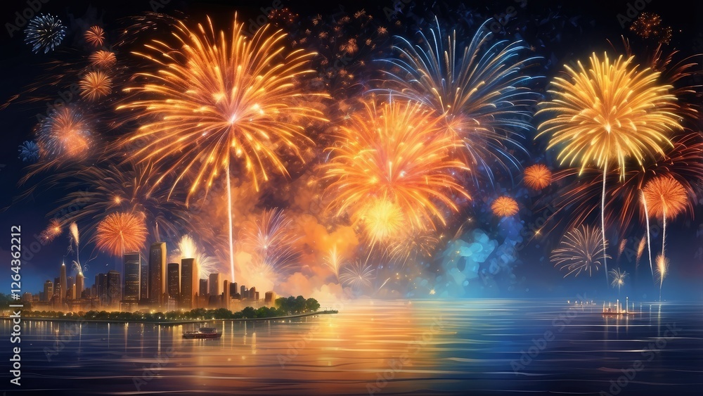 Fototapeta premium Dark Night Sky Illuminated by Fireworks Explosion