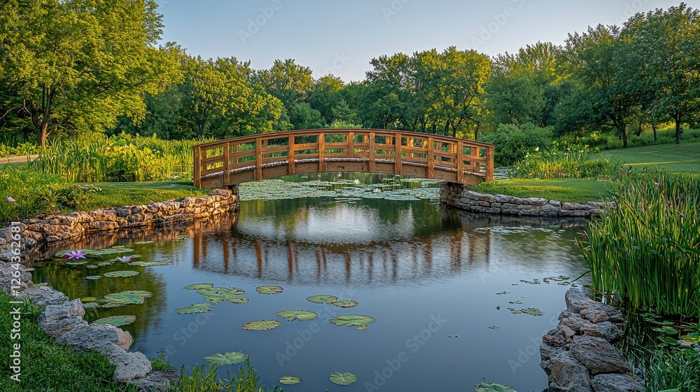 Serene wooden bridge over a tranquil pond surrounded by lush greenery and lily pads Serene wooden bridge over a tranquil pond surrounded by lush greenery and lily pads