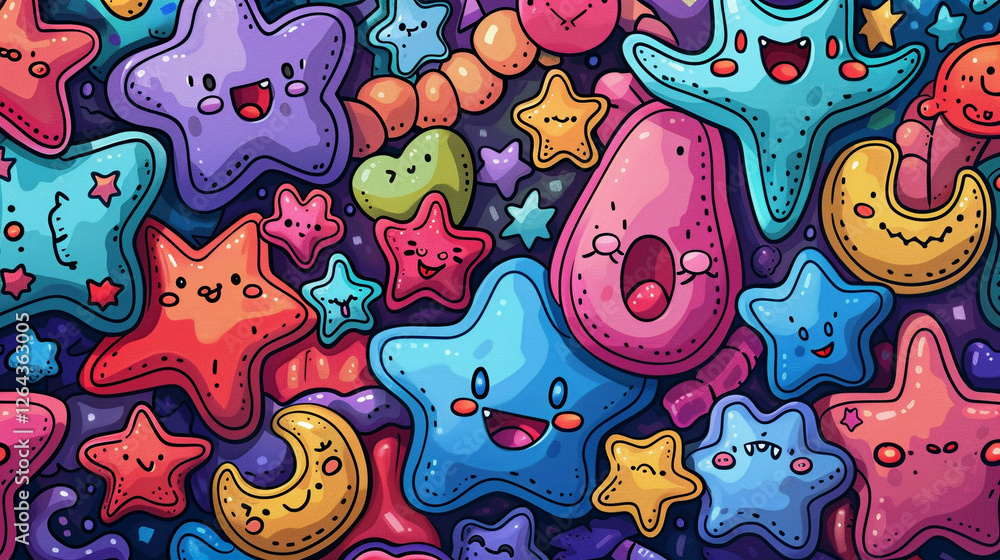 Fototapeta premium Pastel Colored Kawaii Doodles with Simple Thick Outlines for Children