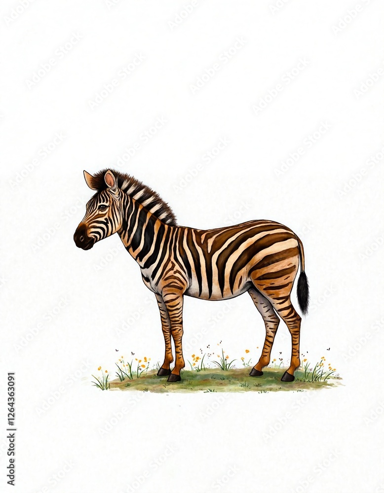 Fototapeta premium Zebra standing on green grass against a white background