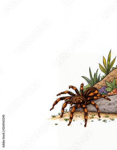 Tarentula spider climbing on rocks with plants in background photo