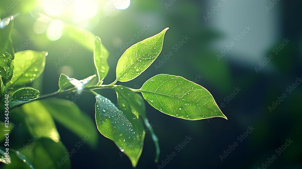 Backlit Green Leaves with Dew Drops in Sunlight Backlit Green Leaves with Dew Drops in Sunlight
