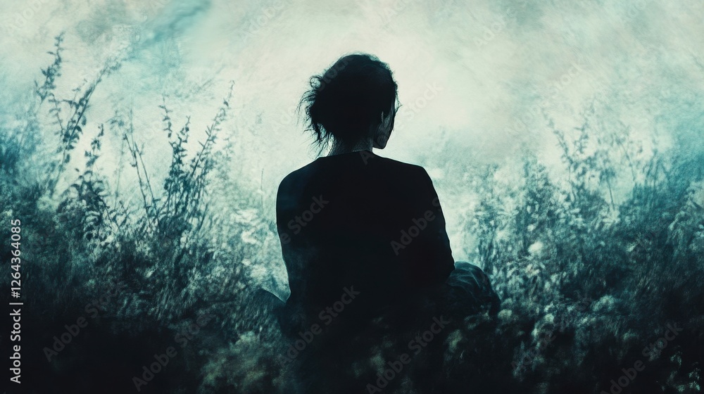 Reflective Woman in Nature Surrounded by Mist and Soft Light Reflective Woman in Nature Surrounded by Mist and Soft Light