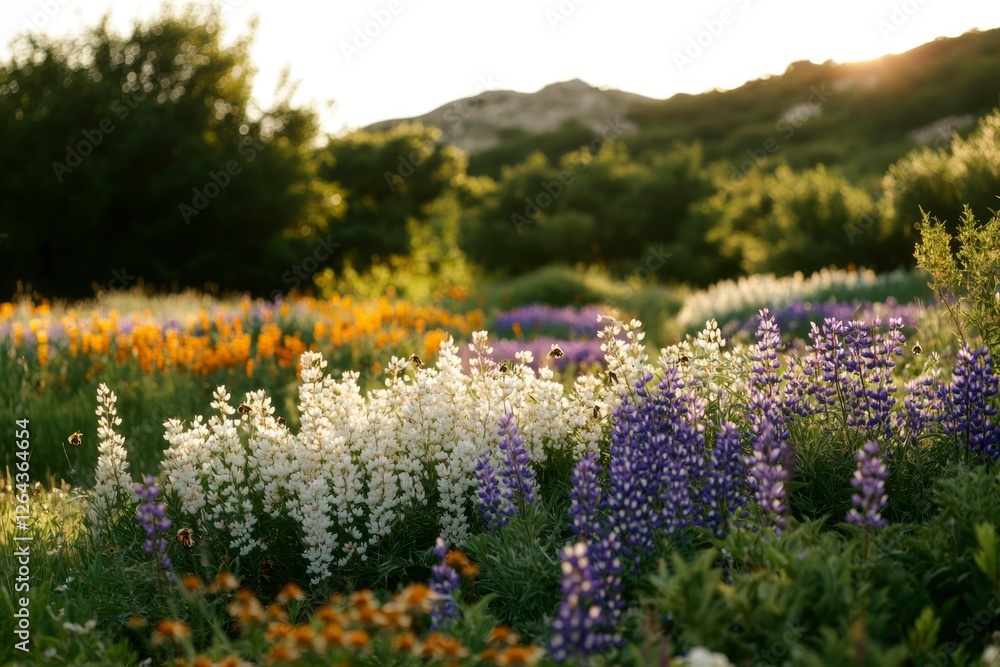 Obraz premium Meadow of wildflowers bloom in lush landscape at sunrise, natural beauty concept
