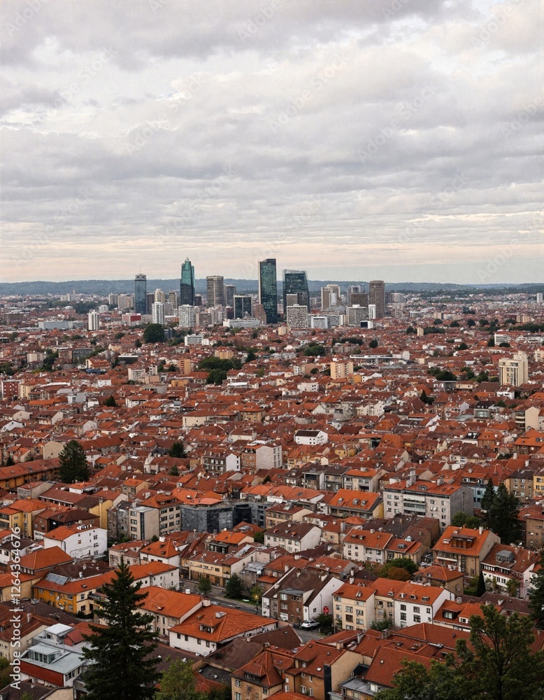 Obraz premium City skyline over terracotta-roofed buildings
