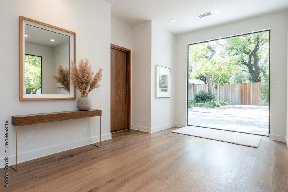 Fototapeta premium Modern entryway with large windows and minimalist decor creating a bright and welcoming atmosphere in a contemporary home