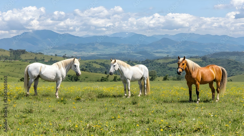 Three Horses Grazing In Green Pasture With Mountains Three Horses Grazing In Green Pasture With Mountains