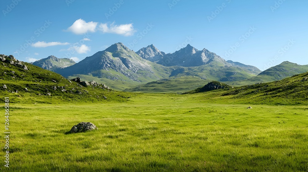 Fototapeta premium Vast Green Meadow With Majestic Mountain Range Under a Bright Blue Sky