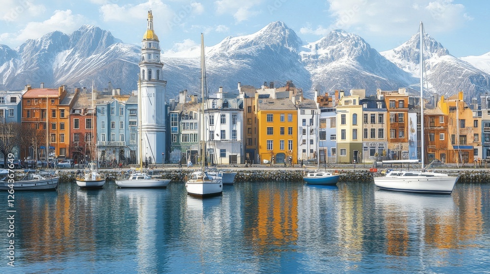 Obraz premium Scenic Coastal Town with Colorful Buildings and Snow-Capped Mountains Picturesque Harbor View