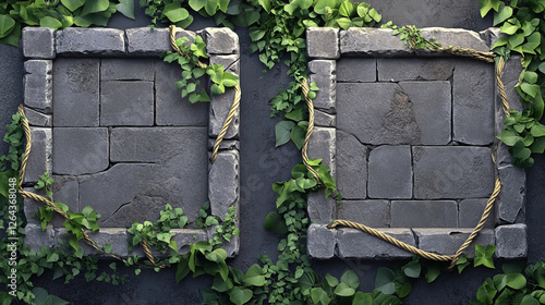 Fototapeta Naklejka Na Ścianę i Meble -  Stone frames for game user avatar. Vector cartoon set of empty square rock boards with jungle vines and ropes, old cracked stone panels isolated on background