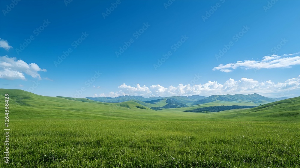 Vast Green Field Rolling Hills Under a Bright Blue Sky Vast Green Field Rolling Hills Under a Bright Blue Sky