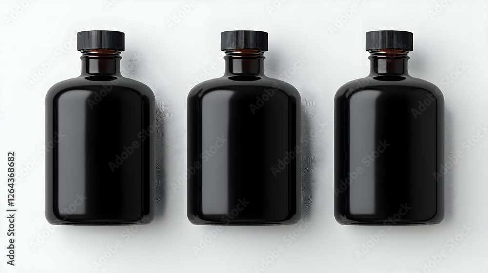 Three Black Bottles With Blank Labels On White Background Three Black Bottles With Blank Labels On White Background