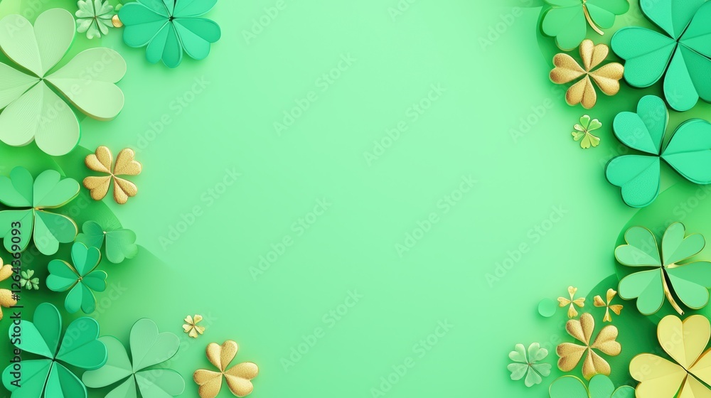 A vibrant arrangement of green and gold clovers on a soft green background, perfect for a festive spring or St. Patrick's Day theme. A vibrant arrangement of green and gold clovers on a soft green background, perfect for a festive spring or St. Patrick's Day theme.