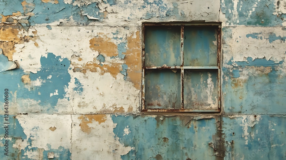 Rustic Weathered Wall with Rusty Window Pane: A Nostalgic Teal and Ochre Abstract Rustic Weathered Wall with Rusty Window Pane: A Nostalgic Teal and Ochre Abstract
