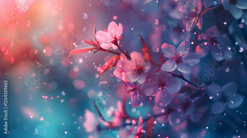 Vibrant cherry blossoms in soft focus, surrounded by colorful bokeh lights, creating a dreamy atmosphere