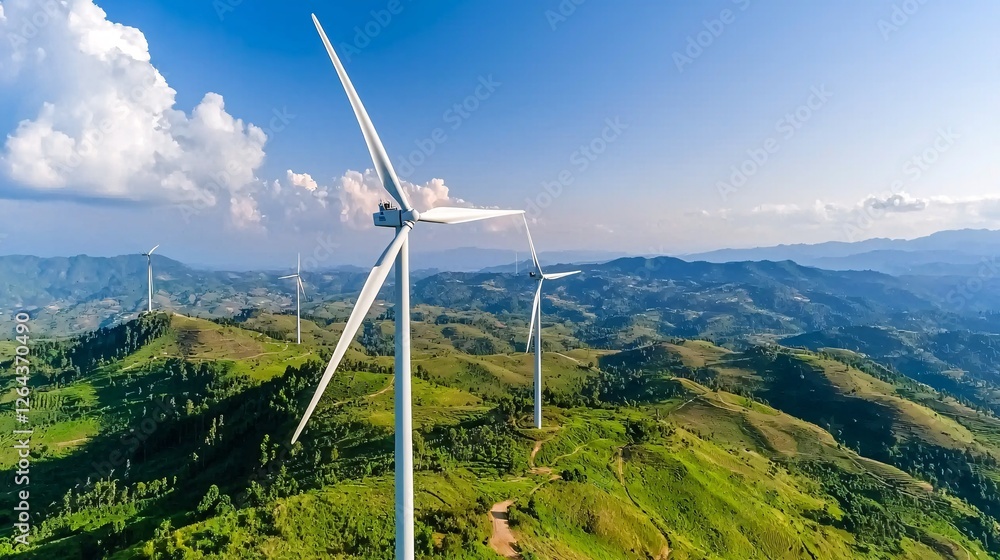 Wind Turbine Farm Maintenance concept. Aerial view of wind turbines on lush green hills under a clear blue sky, showcasing renewable energy and natural landscape. Wind Turbine Farm Maintenance concept. Aerial view of wind turbines on lush green hills under a clear blue sky, showcasing renewable energy and natural landscape.