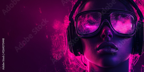  A futuristic character with glowing neon glasses reflecting a cyberpunk cityscape, immersed in a sci-fi world with deep pink and blue tones.