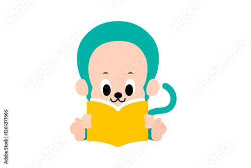 読書をする、かわいいおさるさんのベクターイラスト　カラフル