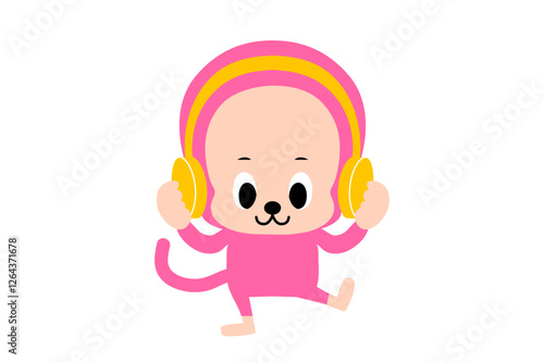 音楽をきく、かわいいおさるさんのベクターイラスト　カラフル