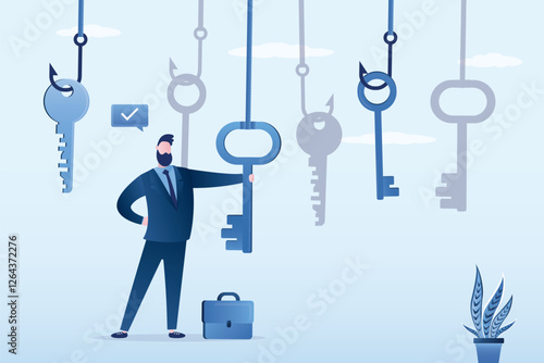 Business career opportunities and motivation concept. Smart man thinking. Businessman taking key to opening lock, symbolising success, strength and power.