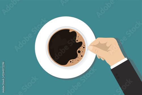 Human hand holding cup of coffee. Businessman with coffee mug. The concept of taking a break. Time out. Morning coffee. Top view.