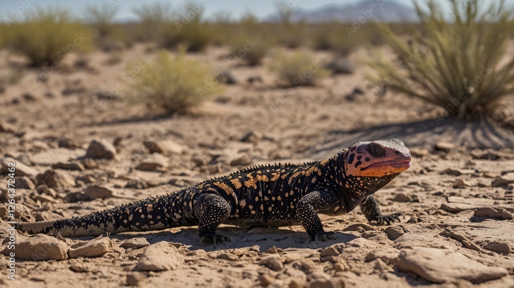 Fototapeta premium Gila Monster Hunting on Desert Floor with Flicking Tongue