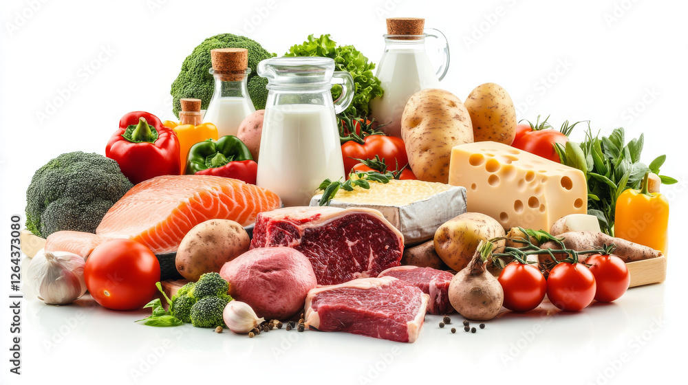 Food icons ham, cheese, tomato, potato and milk bottle, bread, fish and meat steak. Isolated 3d grocery objects, vegetables, farm products, fresh supermarket goods design elements, Cartoon vector set Food icons ham, cheese, tomato, potato and milk bottle, bread, fish and meat steak. Isolated 3d grocery objects, vegetables, farm products, fresh supermarket goods design elements, Cartoon vector set