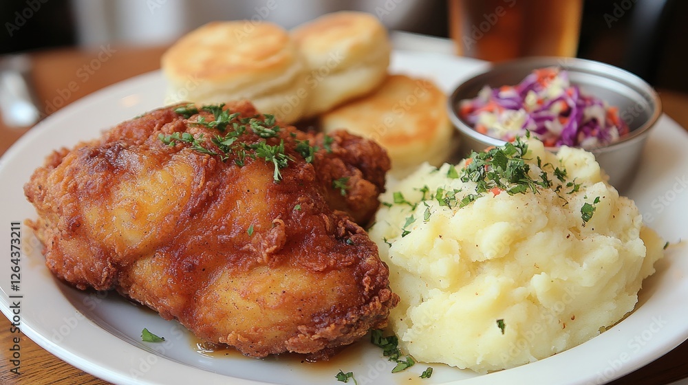 Delicious fried chicken with biscuits, mashed potatoes, and coleslaw on a rustic wooden table Delicious fried chicken with biscuits, mashed potatoes, and coleslaw on a rustic wooden table