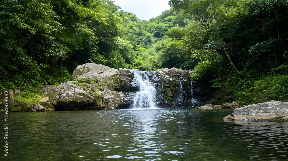 Small Waterfall Cascading Into Tranquil Pool In Lush Green Forest Small Waterfall Cascading Into Tranquil Pool In Lush Green Forest