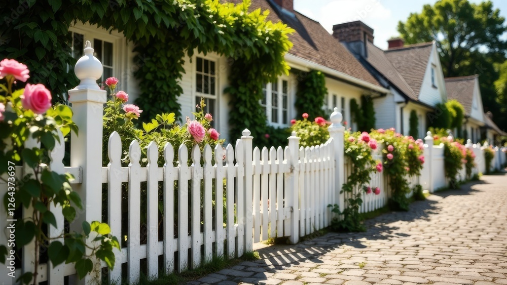A white picket fence with pink flowers on it A white picket fence with pink flowers on it