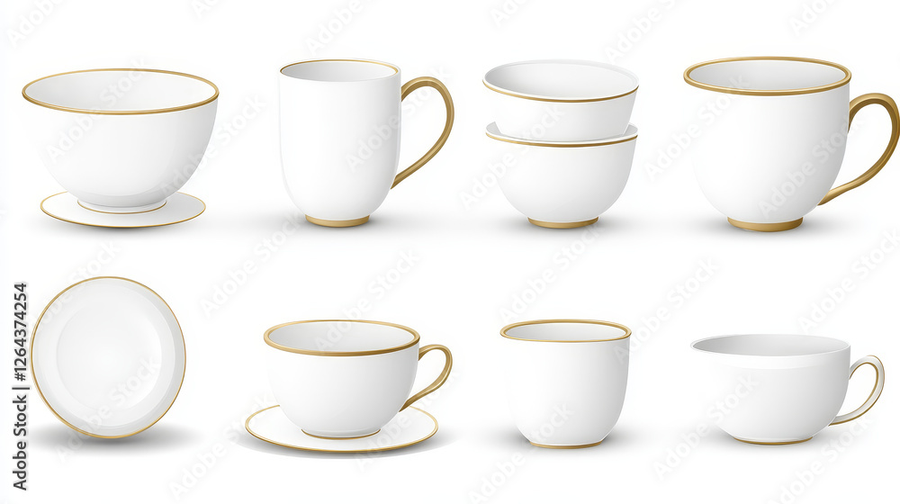 White plates and cups with gold border, realistic 3d ceramic mugs and dishes top and side view. Empty porcelain tableware, cutlery for food and drink mockup, vector illustration, isolated icons set White plates and cups with gold border, realistic 3d ceramic mugs and dishes top and side view. Empty porcelain tableware, cutlery for food and drink mockup, vector illustration, isolated icons set