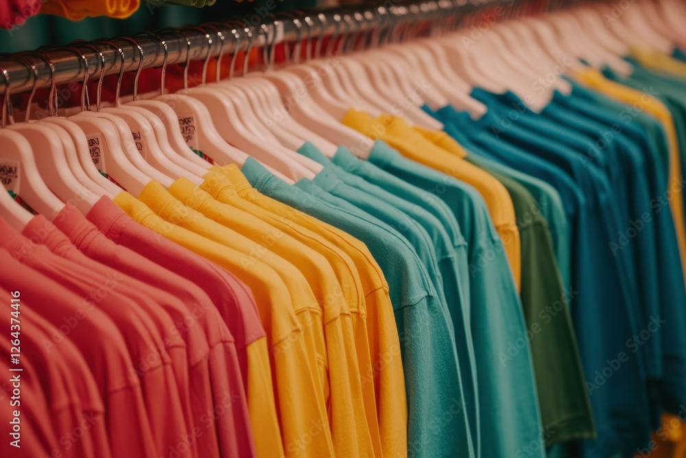 Fototapeta premium T-shirts in rainbow colors hanging in store. Apparel on display for shopping
