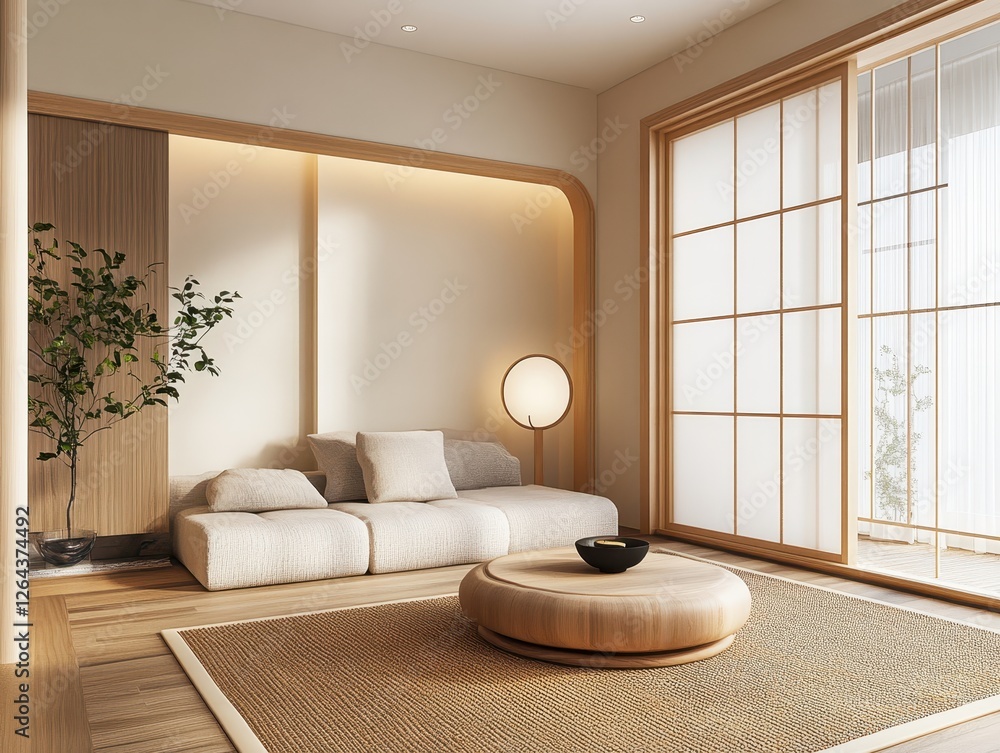 Fototapeta premium Minimalist living room with wooden accents and natural light