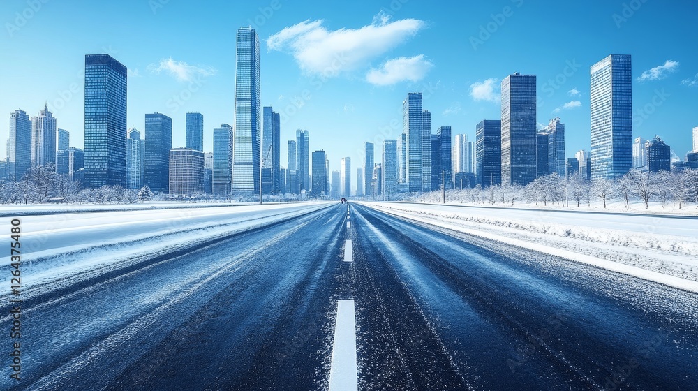 Obraz premium Futuristic Cityscape Winter Road Highway Towards Modern Architecture Skyscrapers