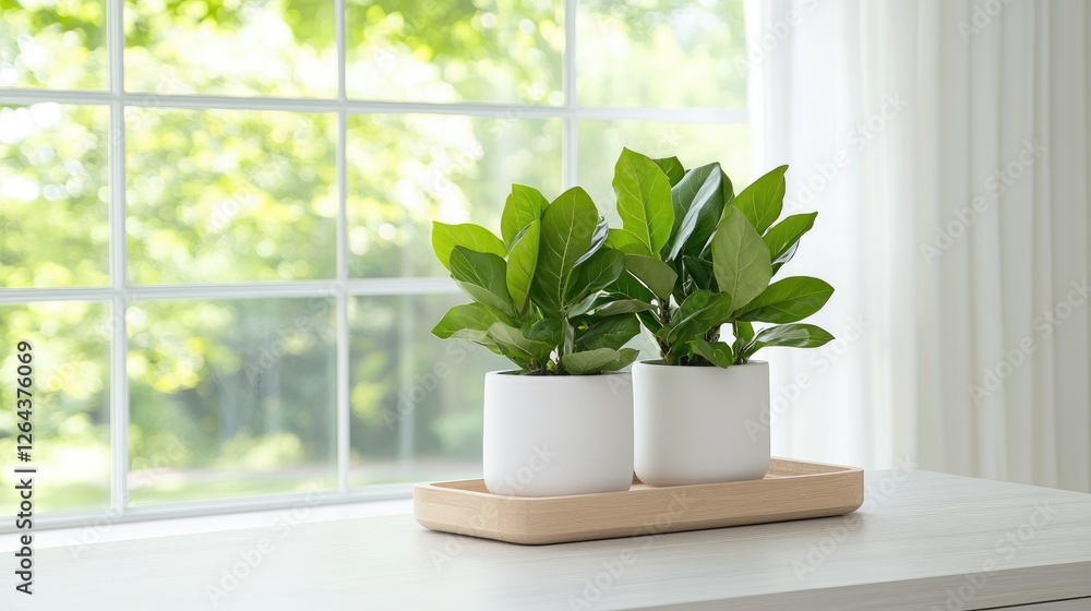 Fototapeta premium Plants on windowsill, greenery, bright day