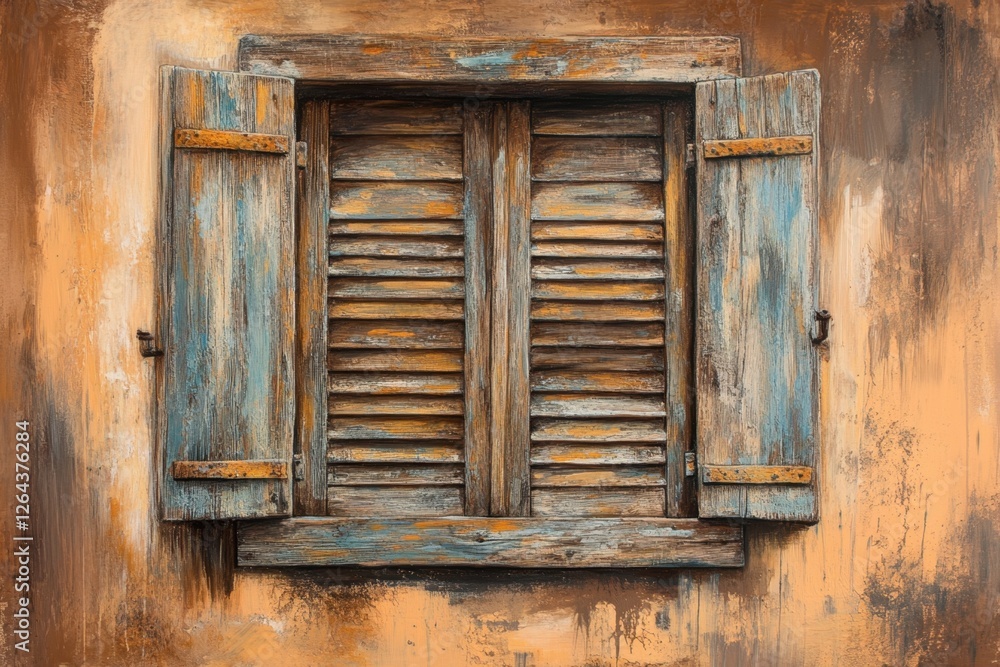 Weathered window with blue shutters in a textured orange wall Weathered window with blue shutters in a textured orange wall