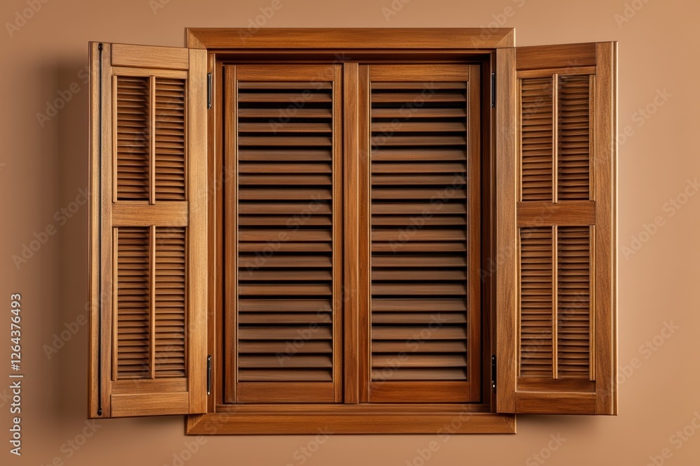 Fototapeta premium Wooden window with shutters is featured against a plain wall