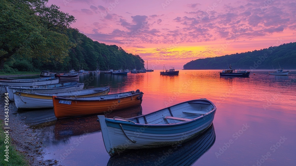 Obraz premium Serene sunset over a tranquil river with colorful boats and lush greenery in the background