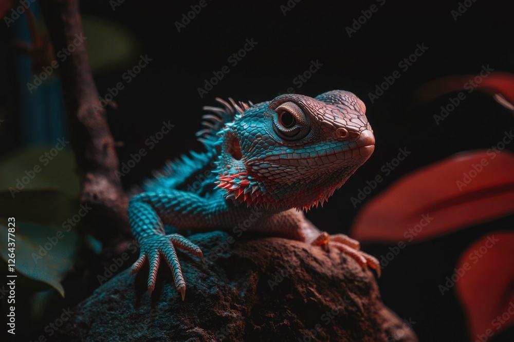 Obraz premium Bearded dragon perched on rock, among leaves. Perfect for reptile pet ownership