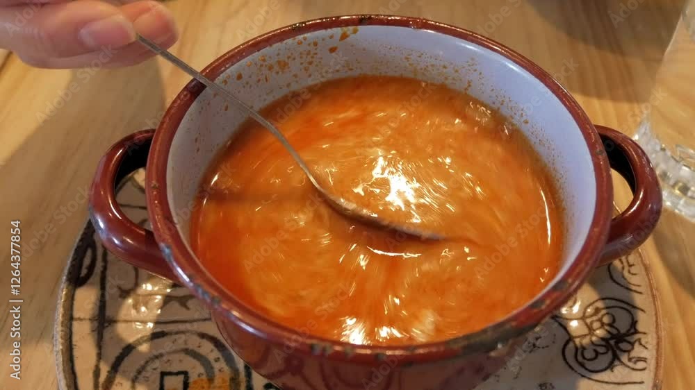 Sopa Castellana being stirred in a rustic bowl, showing rich and flavorful soup Sopa Castellana being stirred in a rustic bowl, showing rich and flavorful soup