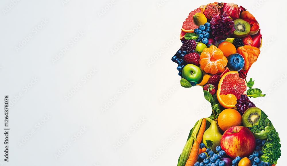 A colorful, vibrant human figure made of fruits and vegetables on a white background. A colorful, vibrant human figure made of fruits and vegetables on a white background.