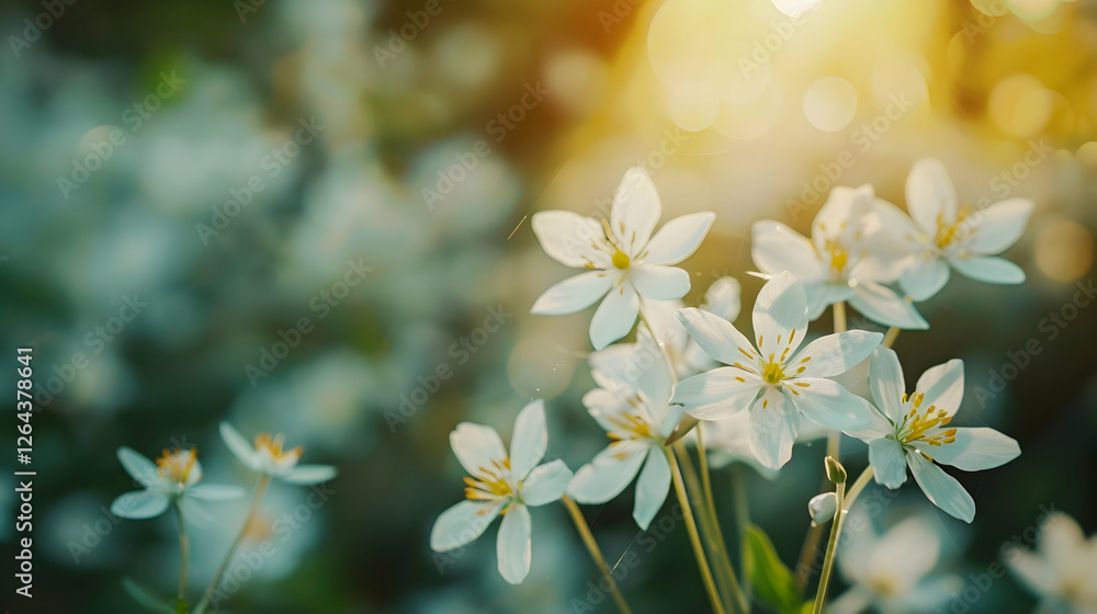 Delicate white flowers blooming in a sunlit garden, with a soft bokeh background enhancing their beauty Delicate white flowers blooming in a sunlit garden, with a soft bokeh background enhancing their beauty