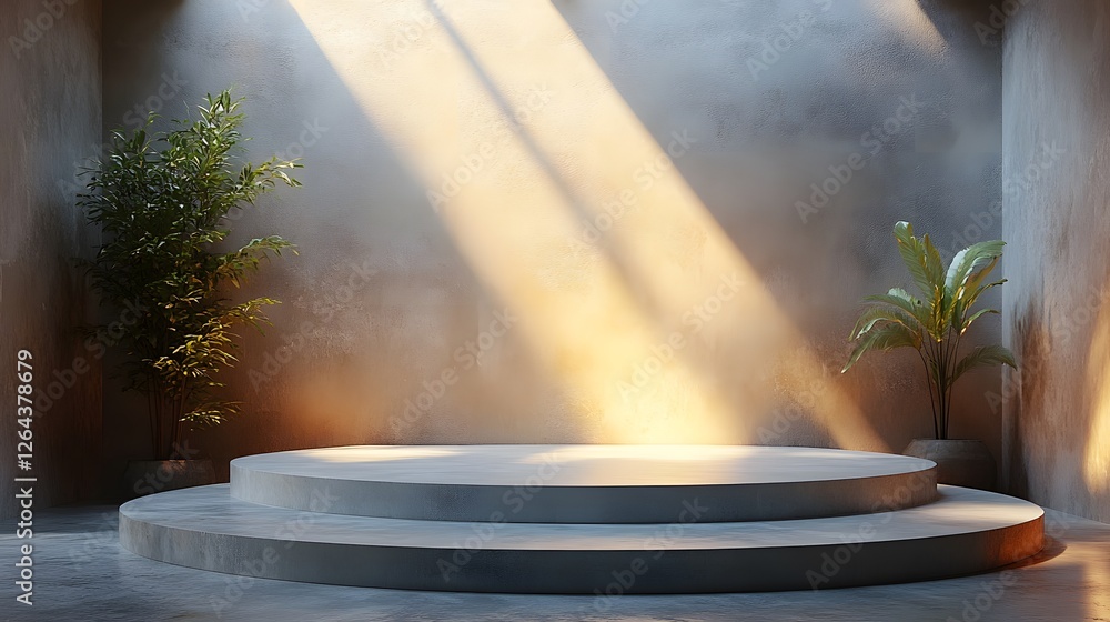 Sunlit minimalist space with podium and greenery for product showcase Sunlit minimalist space with podium and greenery for product showcase