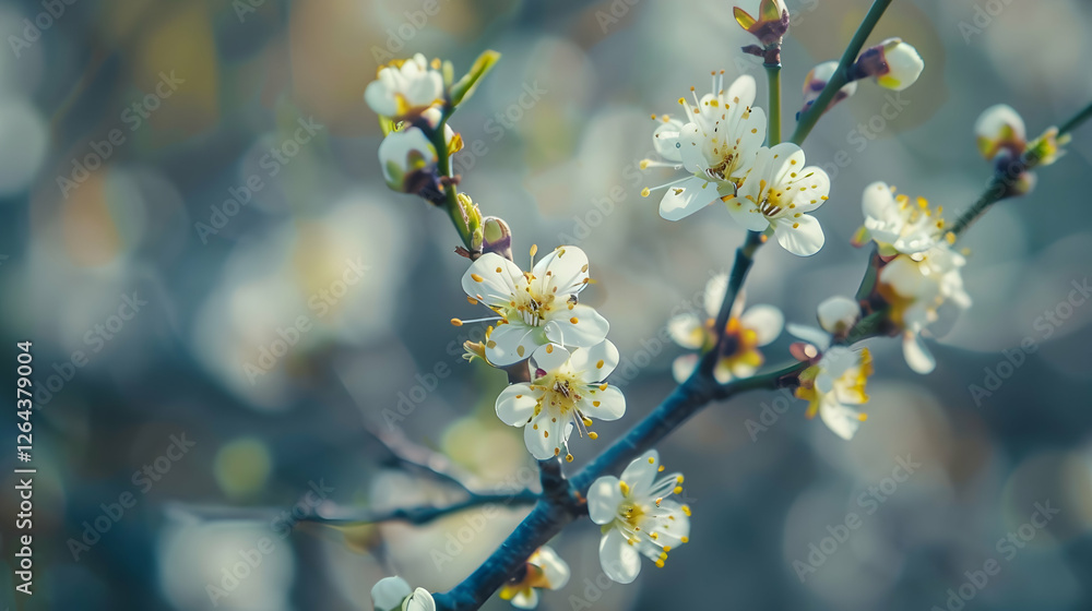 Delicate white blossoms on a branch in a serene garden, with soft bokeh background enhancing beauty Delicate white blossoms on a branch in a serene garden, with soft bokeh background enhancing beauty