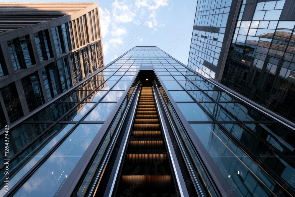 Fototapeta premium Escalator ascends skyscraper, sky view, symbolizing ambition and modern architecture
