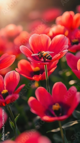 Bees collecting nectar from bright springtime flowers. Vertical