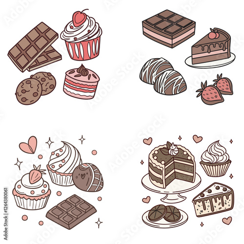 Carton-style vector, set of chocolate sweets. All uses of chocolate. Cocoa bean in cooking. Delicious food, cheat meal day vector illustration.