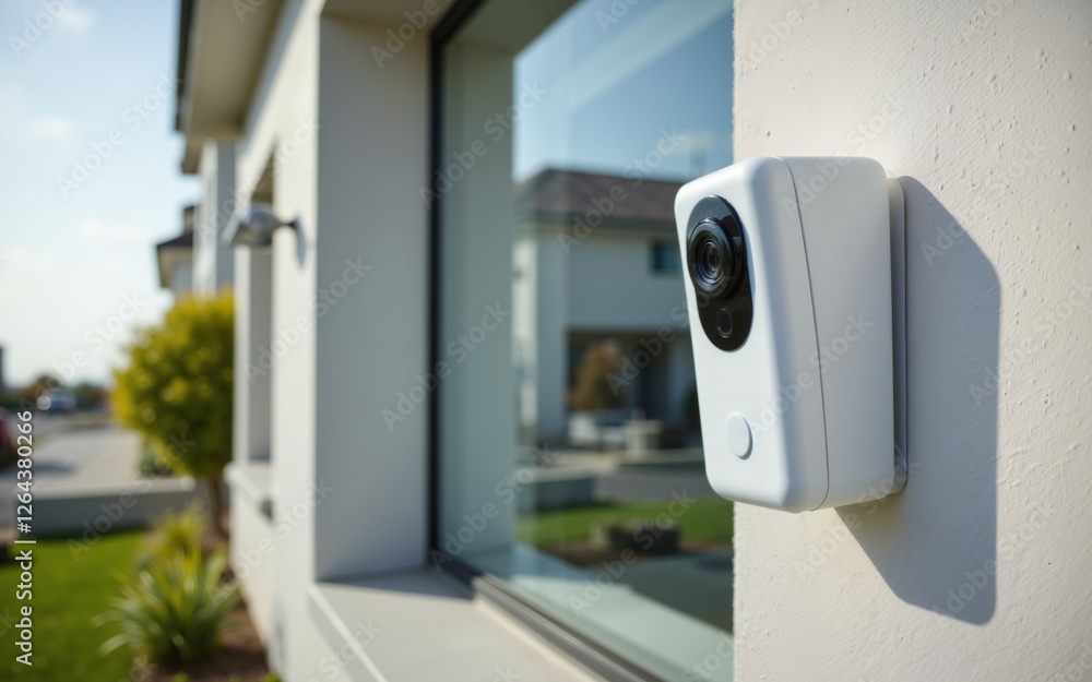 An outdoor security camera mounted on a wall, showcasing a modern design and clear view. An outdoor security camera mounted on a wall, showcasing a modern design and clear view.