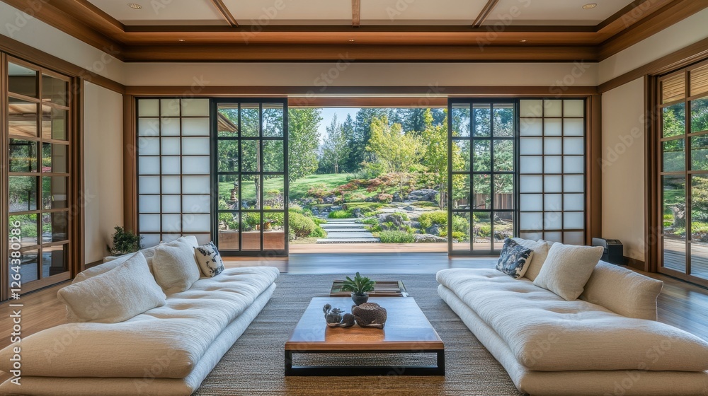 Fototapeta premium Contemporary living room showcases tranquil garden view through sliding doors